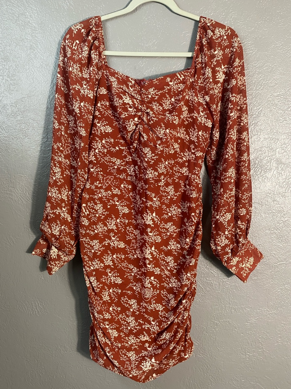 Ambition Copper Collection Floral Bodycon Dress Small Burnt Orange Ruched Mini